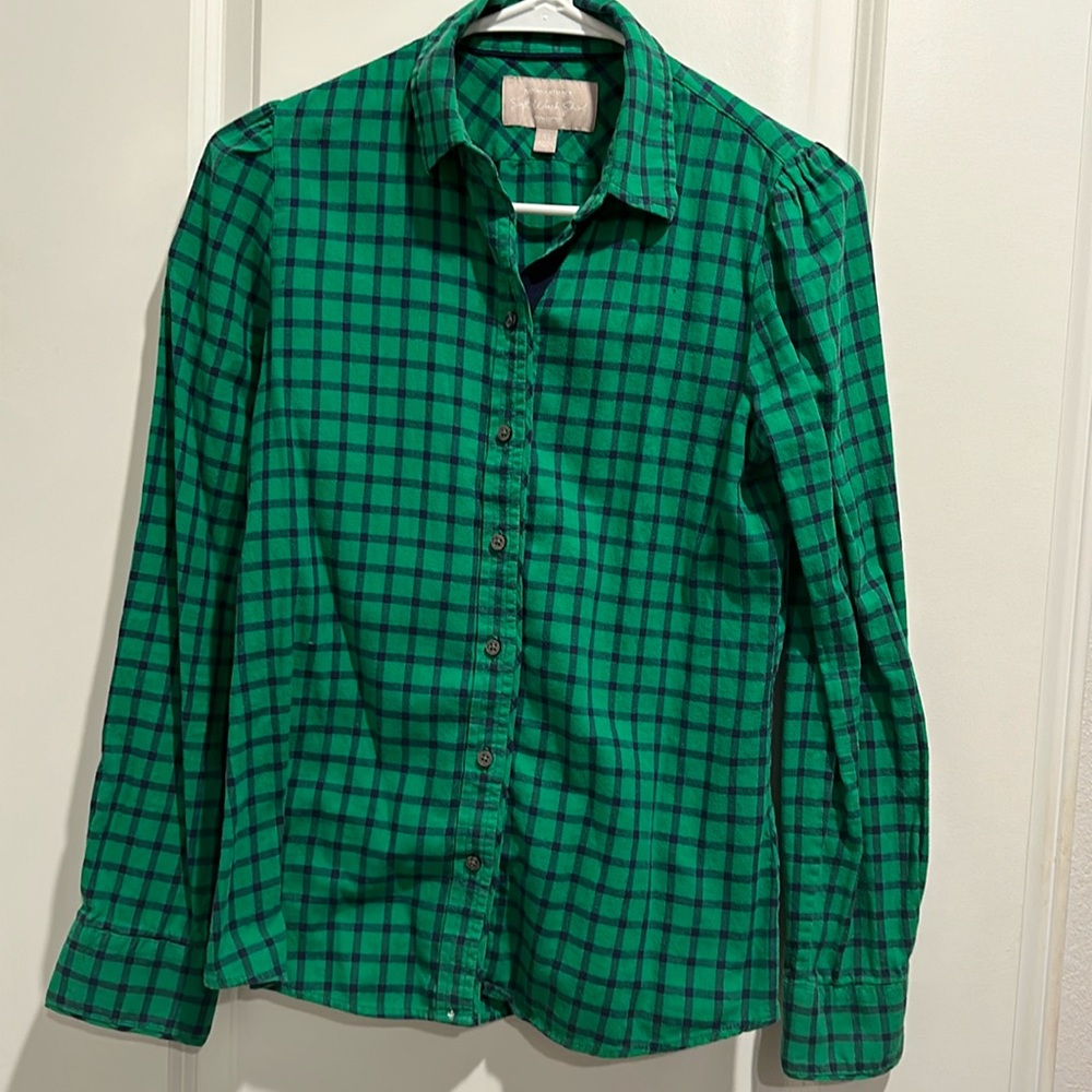 Banana Republic Women XS Green Check Soft Wash Cotton Button Long Sleeve
